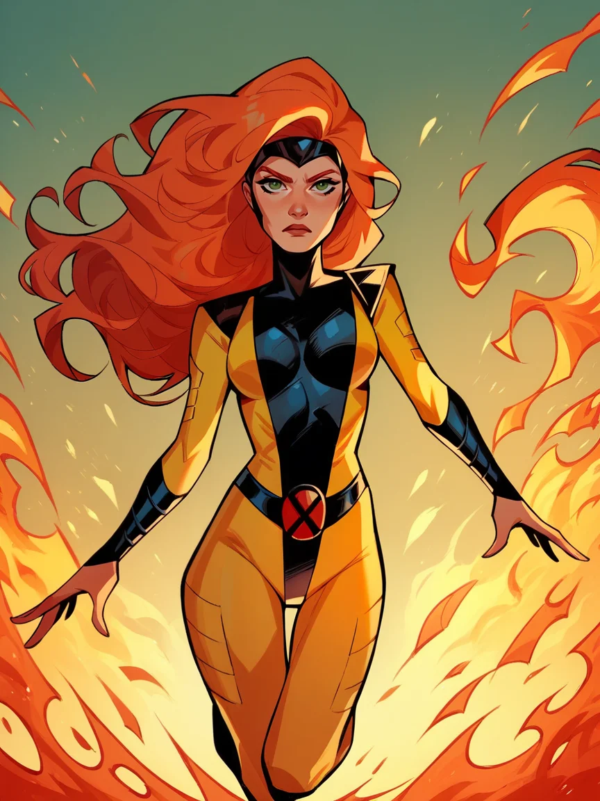 score_9, score_8_up, score_7_up, score_6_up, score_5_up, <lora:JeanGreyXLP:1> jean grey, 1girl, long hair, orange hair, yellow bodysuit, fire, looking at viewer, green eyes, floating hair