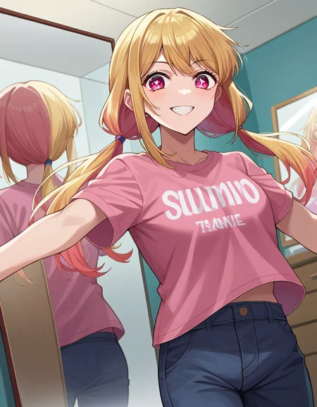score_9, score_8_up, score_7_up, source_anime,
rubyhoshino, <lora:ruby-hoshino-ponyxl-lora-nochekaiser:1>,
ruby hoshino, long hair, bangs, blonde hair, pink eyes, sidelocks, symbol-shaped pupils, multicolored hair, two-tone hair, smile,
shirt, twintails, pants, low twintails, t-shirt, clothes writing, pink shirt,
indoors, studio, mirror, dancing,
looking at viewer, cowboy shot, dutch angle,