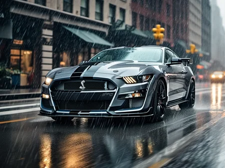 a closeup photo of mstgsgt500 car driving in the rain in the city, rainy, hdr, 8k, ultra high-res, movie picture frame<lora:mstgsgt500_car_t02_SDXL-000010:0.7>
