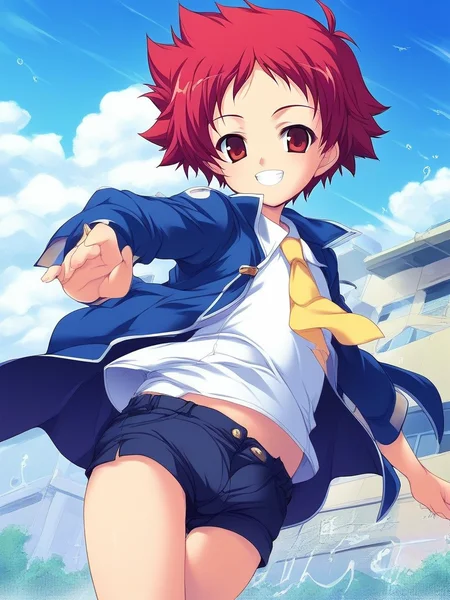 score_9, score_8_up, score_7_up, source_anime, rating_explicit, BREAK <lora:Tsurumi_Tsubasa_Ver2.0_XL:1> TsurumiTsubasa, 1boy, solo, short hair, red hair, red eyes,
shorts, Yellow necktie,
outdoor, day, sky,
smile,
looking at viewer,
cowboy_Shot,