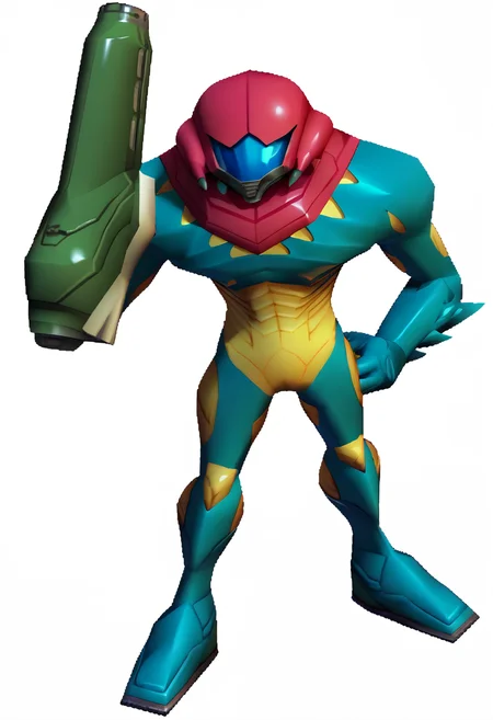 score_9, score_8_up, score_7_up, source_anime, 1girl, standing, looking at viewer, <lora:zs_N64ZeldaStyleXL:1> n64zeldastyle, 3d, polygonal, white background, full body, <lora:MetroidFusionSuit-pdxl:1.0> mfus, helmet, assault visor, bodysuit, arm cannon