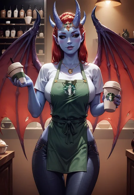 score_9, score_8_up, score_8, 1girl, detailed, high definition, perfect quality, blue skin, red iris, black eyes, red hair, demon horns, demon wings, seductive, posing, natural breasts, thigh gap, coffee shop, starbucks, shirt, black pants, green apron, holding coffee tray with drinks, serving table