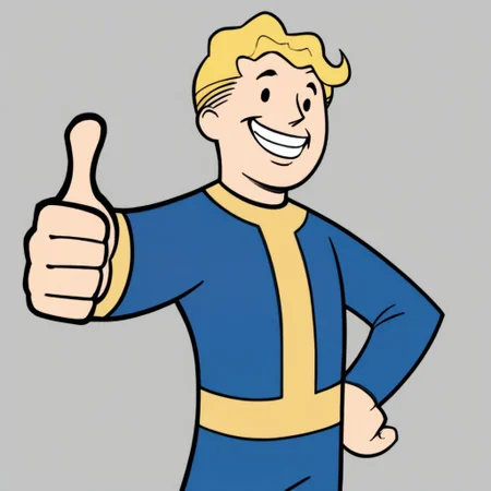 Score_7_up, score_8_up, upper body, solo male, flat color, cartoon, 
BREAK,
 vaultboy, blonde hair, simple face, vault suit, hand on hip, grin , thumbs up, simple background,