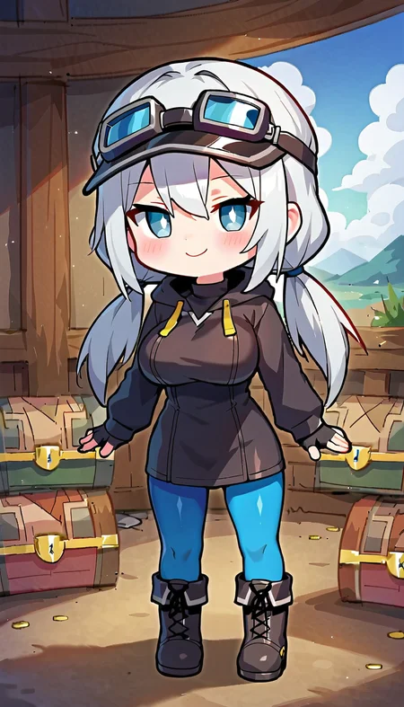 score_9,score_8_up,score_7_up,score_6_up BREAK official art,solo,outdoors,upper body,looking at viewer,facing viewer,smile,blush,(chibi:1.3),Treasure Girl,black visor cap,goggles on headwear,black goggles,long hair,grey hair,low twintails,hair wings,sidelocks,hair between eyes,bangs,grey eyes,bright pupils,white pupils,turtleneck,black dress,short dress,hooded dress,hood down,long sleeves,fingerless gloves,black gloves,large breasts,blue pantyhose,boots,black footwear,<lora:Treasure Girl-Pony:1.1>,