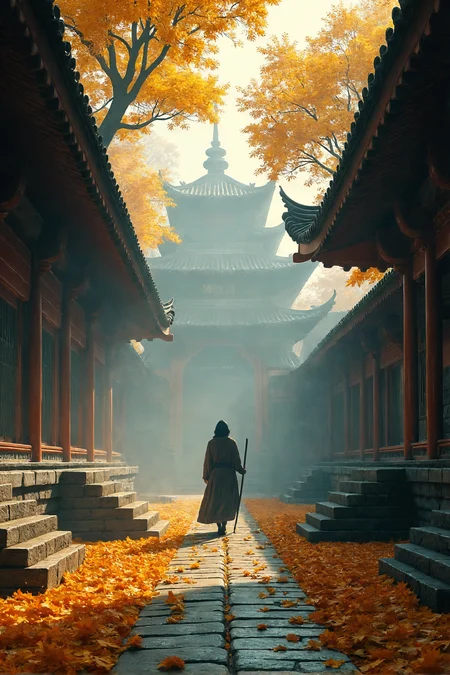 A mysterious autumn scene in an ancient Asian temple, misty atmosphere with shafts of light. A lone figure with a staff walks away down a stone path lined with ornate temple structures. Golden autumn leaves falling, creating a ethereal mood. Cinematic lighting, detailed architecture, photorealistic style.