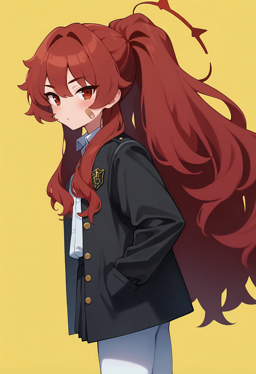 score_9, score_7_up, hd, (ultra hd quality details), source_anime, yellow background, orange background,
solo, 1girl,  kvkoito, ponytail, bandaid on face, halo, very long hair,
school uniform, black jacket, black coat, open jacket, white shirt, collared shirt, black skirt, pleated skirt, white pantyhose,
looking at viewer, blush,
standing, dutch angle, from side,
<lora:_ashiharatsumori_koito-elesico-pony-07:1>