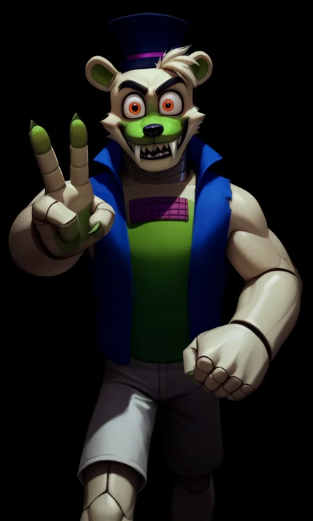 <lora:saucebear_ponyxl-10v1.1:1.7> score_9, score_8_up, score_7_up, BREAK, outdoor, solo,  (source_furry),  (saucebear), crazy smile, handsome crazy face, (large canines, sabertooth), deep blue hat, bear ears, orange eyes, ((white fur:1.5, green color front chest, green fingers, four fingers on the each arms, gray neck, metallic neck:1)), (big eyes, big eye sockets), (wearing blue vest), detailed hat, male focus, detailed face, detailed ears, detailed hands, (detailed clothing),  (wearing very tight white shorts), looking at viewer, zPDXL2
<lora:Pony_DetailV2.0:1> <lora:add-detail-xl:0.55> <lora:detailed_notrigger:0.35> <lora:ZoroJ:0.3> <lora:Kidde_Jukes:0.4> <lora:Chunie-Pony-XL-v6:0.3> EyeDetail-SDXL