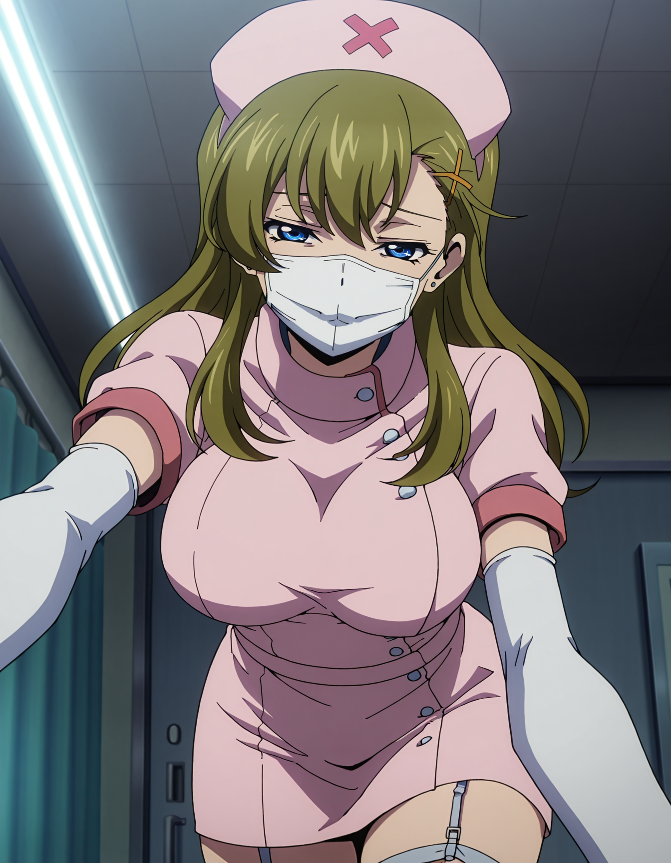 youko_araki, x hair ornament,half-closed eyes,pink nurse,surgical mask, white mask,white elbow gloves,garter belt,1girl,looking at viewer,masterpiece,best quality,amazing quality <lora:youko_araki-ILXL:1>,,, anime screencap,