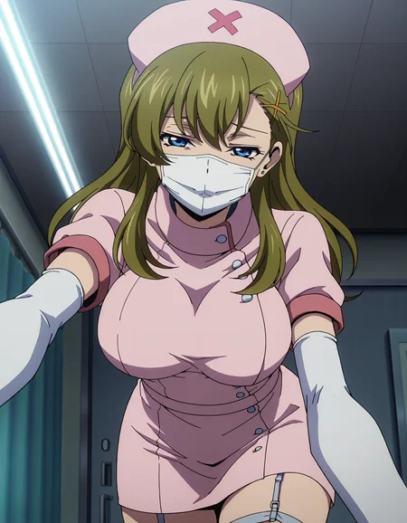 youko_araki, x hair ornament,half-closed eyes,pink nurse,surgical mask, white mask,white elbow gloves,garter belt,1girl,looking at viewer,masterpiece,best quality,amazing quality <lora:youko_araki-ILXL:1>,,, anime screencap,