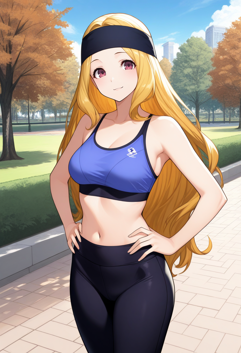 masterpiece, best quality, 1girl, solo, looking at viewer, cowboy shot, smile, park, blue sky hands on hips
purple sports bra, black yoga pants
 <lora:zs_ChihayaILLU:1> ch1h4yap5, blonde hair, very long hair,  headband,