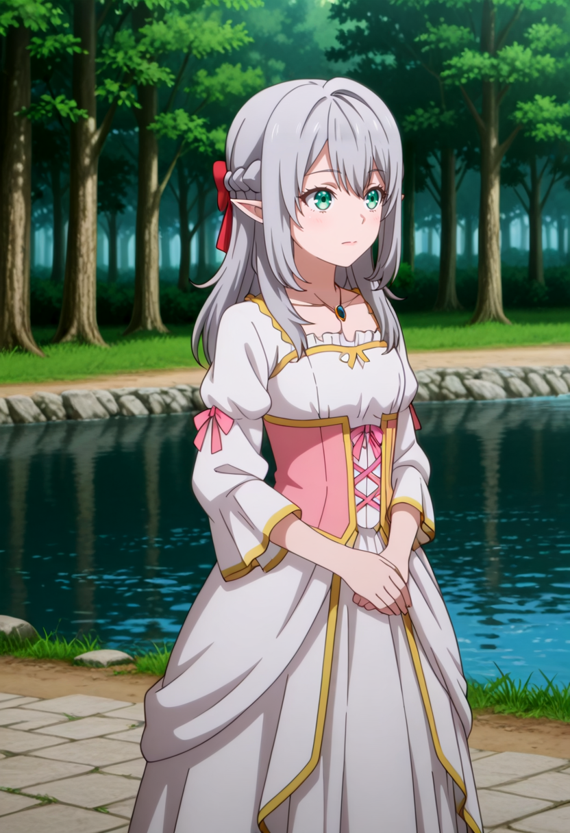 masterpiece,high quality,highres,absurdres,(,,,<lora:Young Tessia_IL:0.8>,,,,Young Tessia,1girl,gray hair,pointed ears,elf,green eyes,,<lora:empress_outfit1:0.8>,,empress_outfit1,masterpiece,best quality,ultra-detailed,(pure white dress:1.3),(gold embroidery:1.2),(pink ribbon accents:1.1),corset-style bodice,lace-up detail,puffed sleeves with gold trim,multi-layered skirt with ruffled hem,soft glowing fabric,volumetric lighting,intricate textures,(high-resolution:1.2),dynamic shading ),forest, river, exposed nick, exposed collarbone,