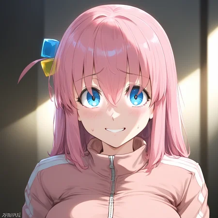 (extremely detailed CG unity 8k wallpaper),eye catching,(masterpiece), (best quality), (ultra-detailed), extremely detailed,(best illustration), an extremely delicate and beautiful ,CG ,unity ,8k wallpaper,solo, smile, masterpiece, best quality, smile, highly detailed, score_4_up, score_anime, score_realstic, gotou1, gotou hitori, solo, skirt, pink jacket, track jacket, bangs, hair between eyes, long sleeves, medium breasts