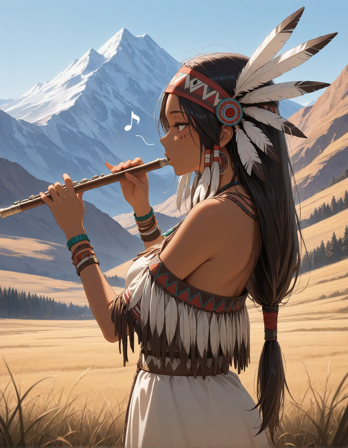 masterpiece, best quality, amazing quality, native american, outdoors, general, mountain, sprint, playing flute,music, musical note,