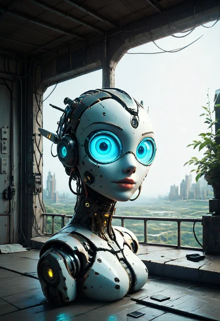 masterpiece,best quality,amazing quality,very aesthetic,high resolution,ultra-detailed,absurdres,newest,scenery,depth of field,scenery,volumetric lighting, beautiful, looking at you, score_9, score_8_up, score_7_up,evi@decrepPunk, robot