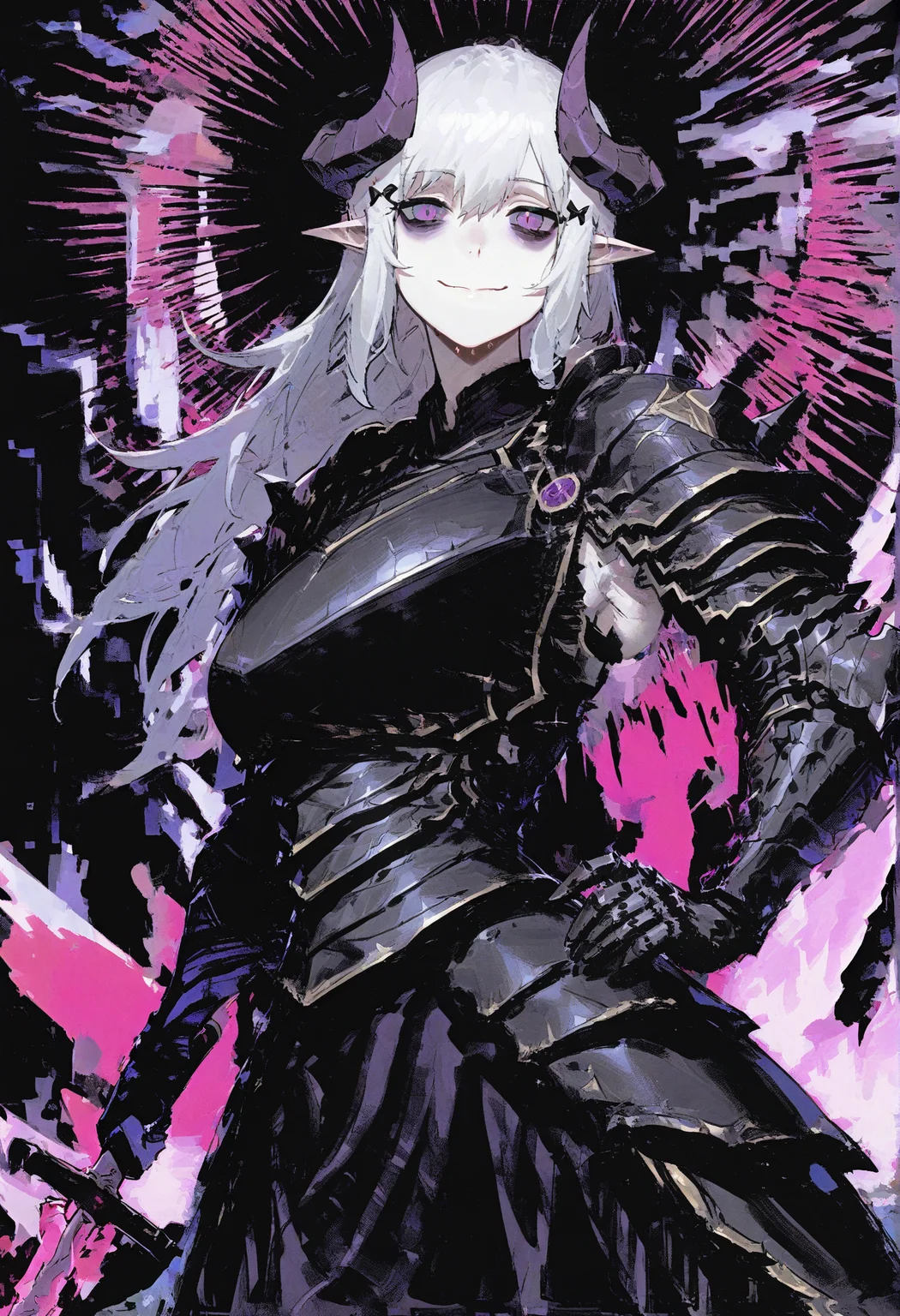 1girl, bags under eyes, armor, black background, black sclera, breastplate, closed mouth, cowboy shot, sunburst, demon horns, gauntlets, hair ornament, hand on hip, holding, holding weapon, horns, long hair, looking at viewer, pauldrons, pointy ears, purple eyes, shoulder armor, smile, solo, sword, weapon, white hair,
glitch, abstract, abstract background,
masterpiece, best quality, amazing quality, absurdres, newest,
<lora:hitboxsamurai:1>