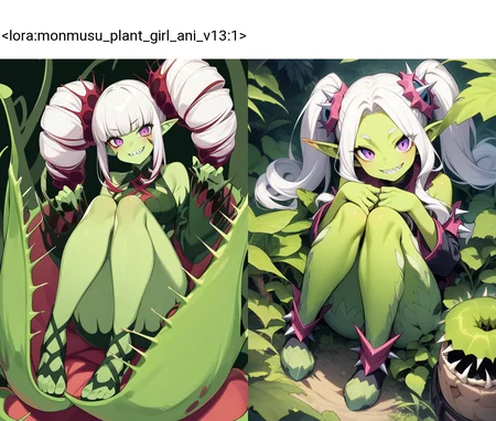 (venus flytrap), claustrophyte, spikes, plant, nature, 1girl, colored skin, curly hair, detached sleeves, green hair, green skin, grin, hair ornament, long hair, monster girl, monster girl encyclopedia, multicolored hair, pointy ears, purple eyes, sharp teeth, smile, solo, teeth, twintails, white hair, knees up, from above, full body, cute, nature,
masterpiece, best quality, very aesthetic, absurdres
<lora:monmusu_plant_girl_ani_v13:1>