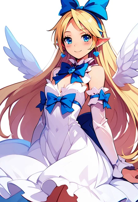 score_9, score_8_up, score_8, medium breasts, (curvy), cute, eyelashes, zPDXL2, Expressiveh,
flonne, 1girl, solo, blonde hair, long hair, white dress, blue eyes, pointy ears, earrings, jewelry, angel wings, big blue bow, smiling, blush, looking at viewer, cowboy shot,