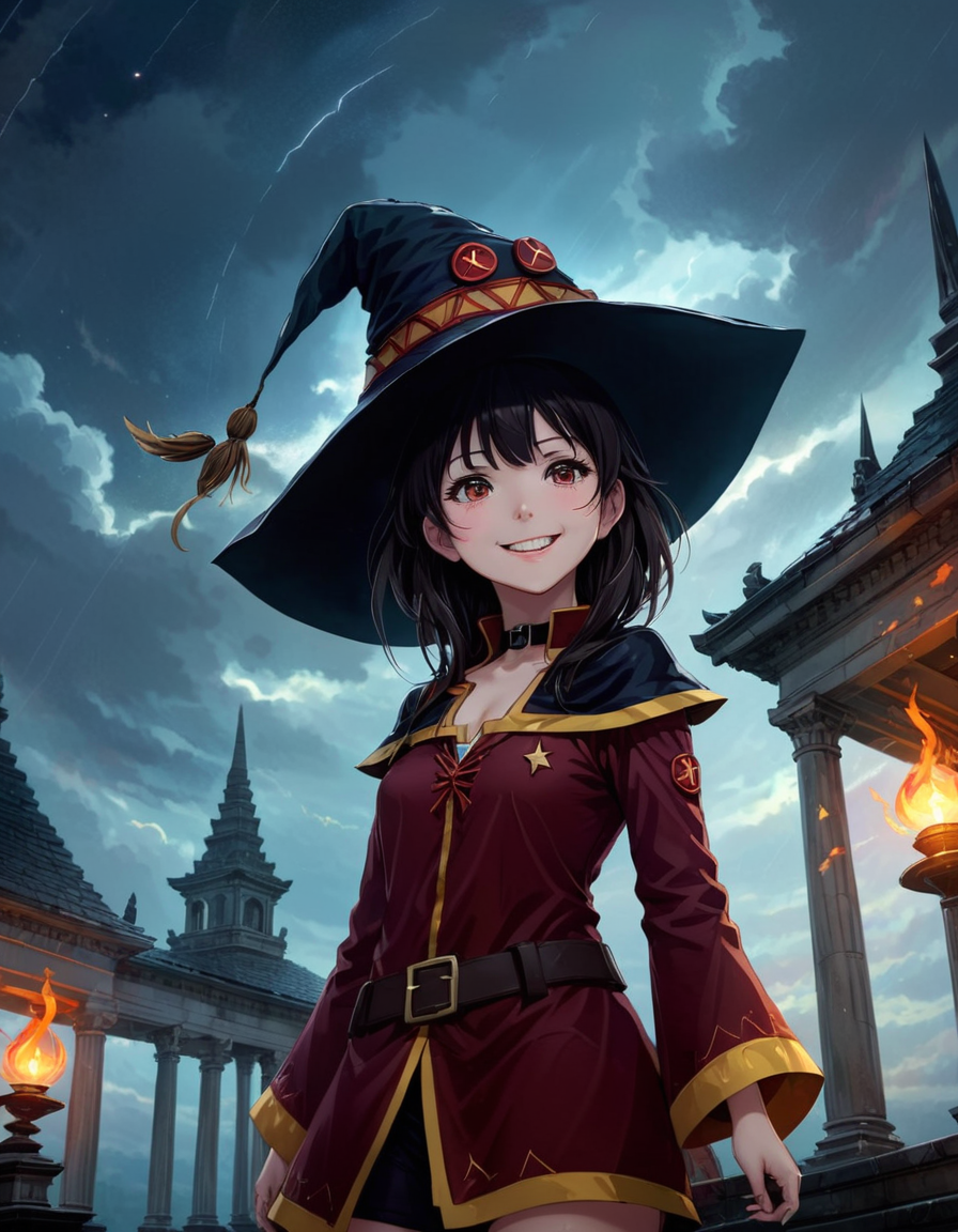 Abstract style 1girl megumin, witch hat,   from below, smiling , 
outside Neoclassical Temple in Bog, Light drizzle Weather Majestic sky at Twilight
 <lora:MeguminXL_v2.5:1>, <lora:SDXL - Wrong:1>, ZIP2D . Non-representational, colors and shapes, expression of feelings, imaginative, highly detailed