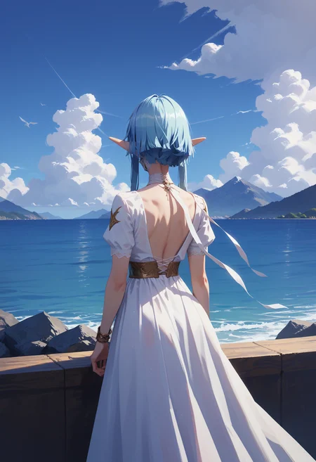 score_9, score_8_up, score_7_up, score_6_up, score_5_up, score_4_up,
<lora:CyberNova:1> cyb3rn0va,
pointy ears, solo, 1girl, blue hair, sky, white dress, outdoors, cloud, dress, from behind, facing away, day, short sleeves, water, blue sky, short hair, standing, elf, mountain, ocean, short hair with long locks
