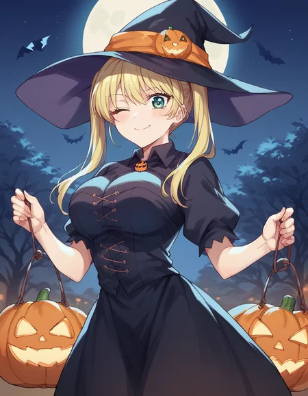 score_9, score_8_up, score_7_up, source_anime, <lora:rika-hoshizaki-s2-ponyxl-lora-nochekaiser:1>, rika hoshizaki, green eyes, blonde hair, twintails, large breasts,, <lora:witch-ponyxl-lora-nochekaiser:1>, witch, hat, witch hat, dress, halloween, halloween costume, jewelry,, night, moon, blush, smile, one eye closed,, looking at viewer