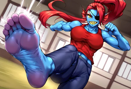 Undyne (Undertale) (blue skin, red hair, yellow eyes, eyepatch, sharp teeth, red tank top, black jeans)
in a dojo, flying kick, one sole in focus, kicking toward viewer.
(2soles, foot focus:1.3), foreshortening, high arched foot,
staring at viewer, elegant pose, detailed sole, high-arched foot, wrinkled sole, (perfect feet:1.3), action pose (flying roundhose kick, dutch angle:1.3), zPDXL3, detailed, low angle, one foot only.
NegfeetV2