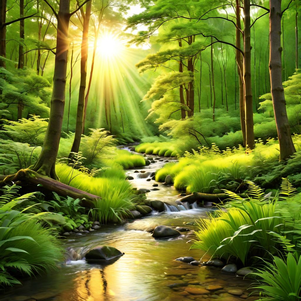 Generate an image of a serene forest with a gentle stream flowing through it, surrounded by lush green foliage. The sun is setting behind the trees, casting warm golden hues across the landscape.