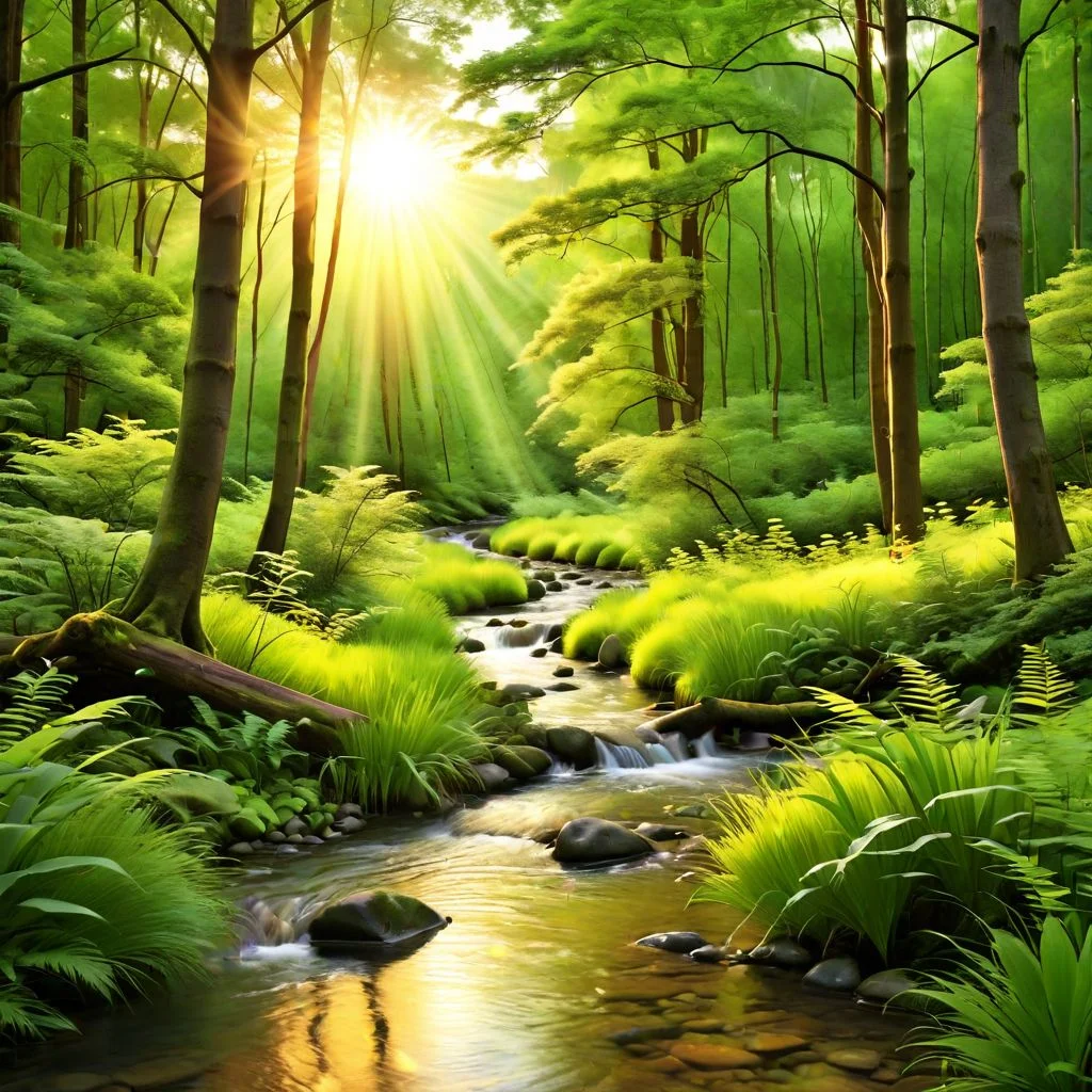 Generate an image of a serene forest with a gentle stream flowing through it, surrounded by lush green foliage. The sun is setting behind the trees, casting warm golden hues across the landscape.
