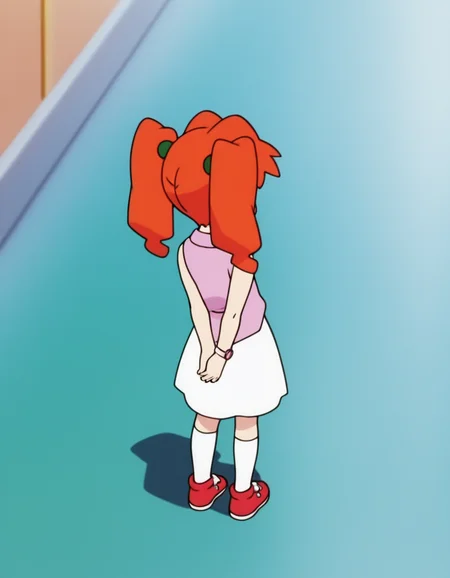 (masterpiece:1.4), (best quality:1.4), very aesthetic,illustration, newest,best quality, amazing quality, very aesthetic, absurdres, 
1 girl,karin_jyunmai,
,twintails, orange hair,female child
pink vest,sleeveless,white skirt,one wrist watch,anime screenshot,official art ,retro artstyle
 <lora:karin_jyunmai_v4:1>
knee high socks,red sneakers,,
from behind,standing ,v arms,full body