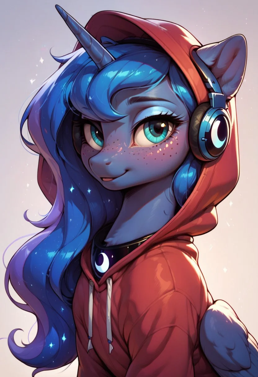 core_9, score_8_up, score_7_up, score_5_up, source_anime, High detail and realistic artwork, Princess Luna, cutie mark, in hood, hood with ears, pony, effective pose, freckles, wearing headphones, blue striped stockings, intricate details, high resolution, ultra realistic textures, soft and warm lighting, best rendering quality