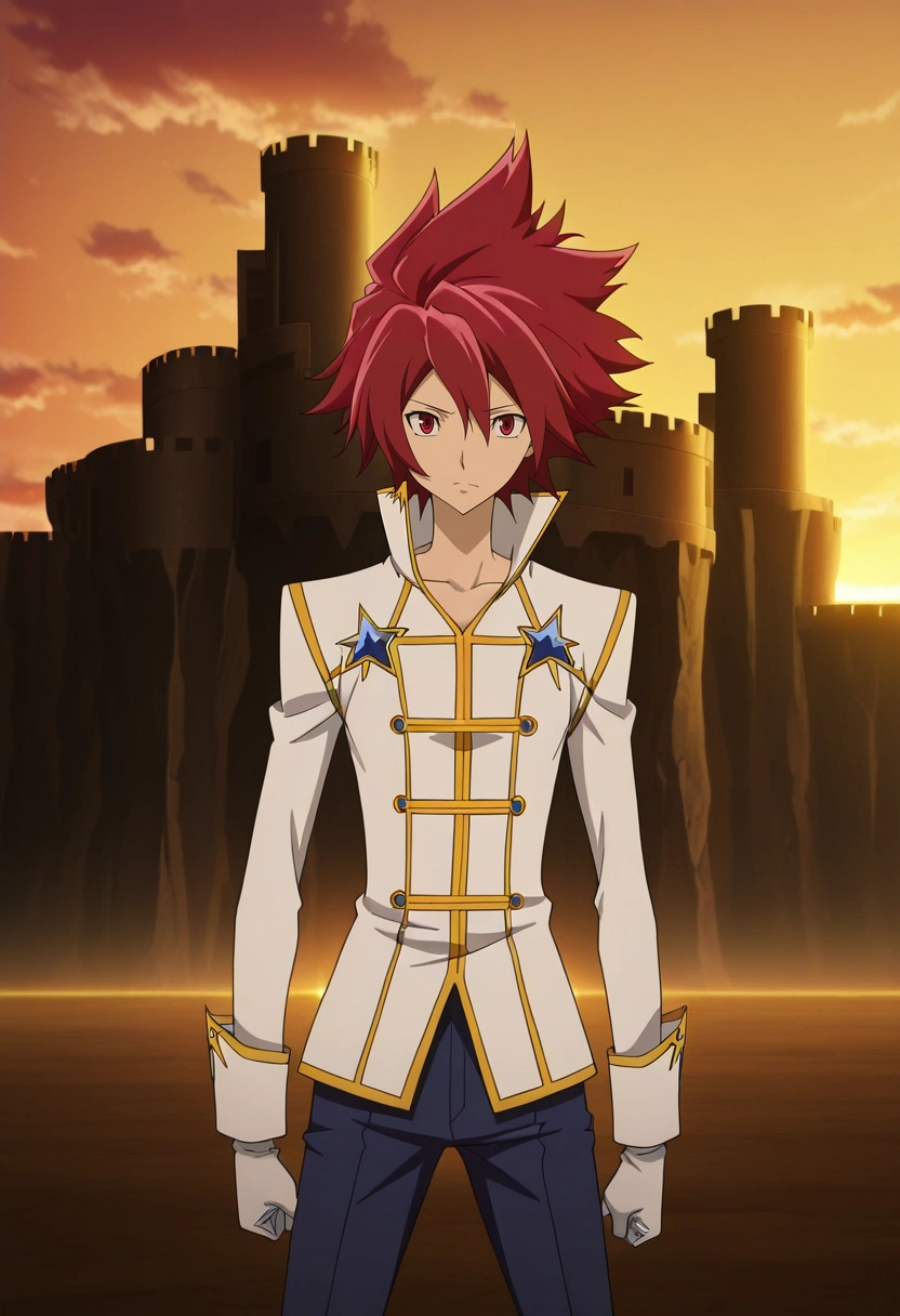 masterpiece, best quality, anime screencap, official style, anime coloring, cowboy shot, 1boy, solo, male focus, <lora:takuto_tsunashi_ilxl:0.94>, takuto_tsunashi, red hair, red eyes, spiked hair, bangs, , sky fortress, floating citadel, cloud shields, wind generators, guarding pose, resolute expression, dawn light,