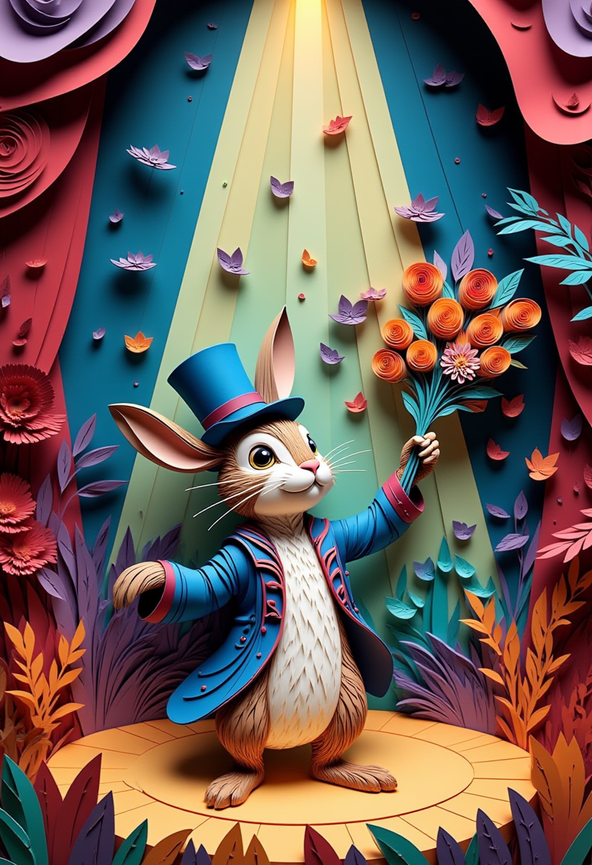 This paper quilling, layered paper scene shows a rabbit wearing a magician's hat, pulling a bouquet of flowers from it while performing on stage under a spotlight, creating a whimsical and magical atmosphere.
