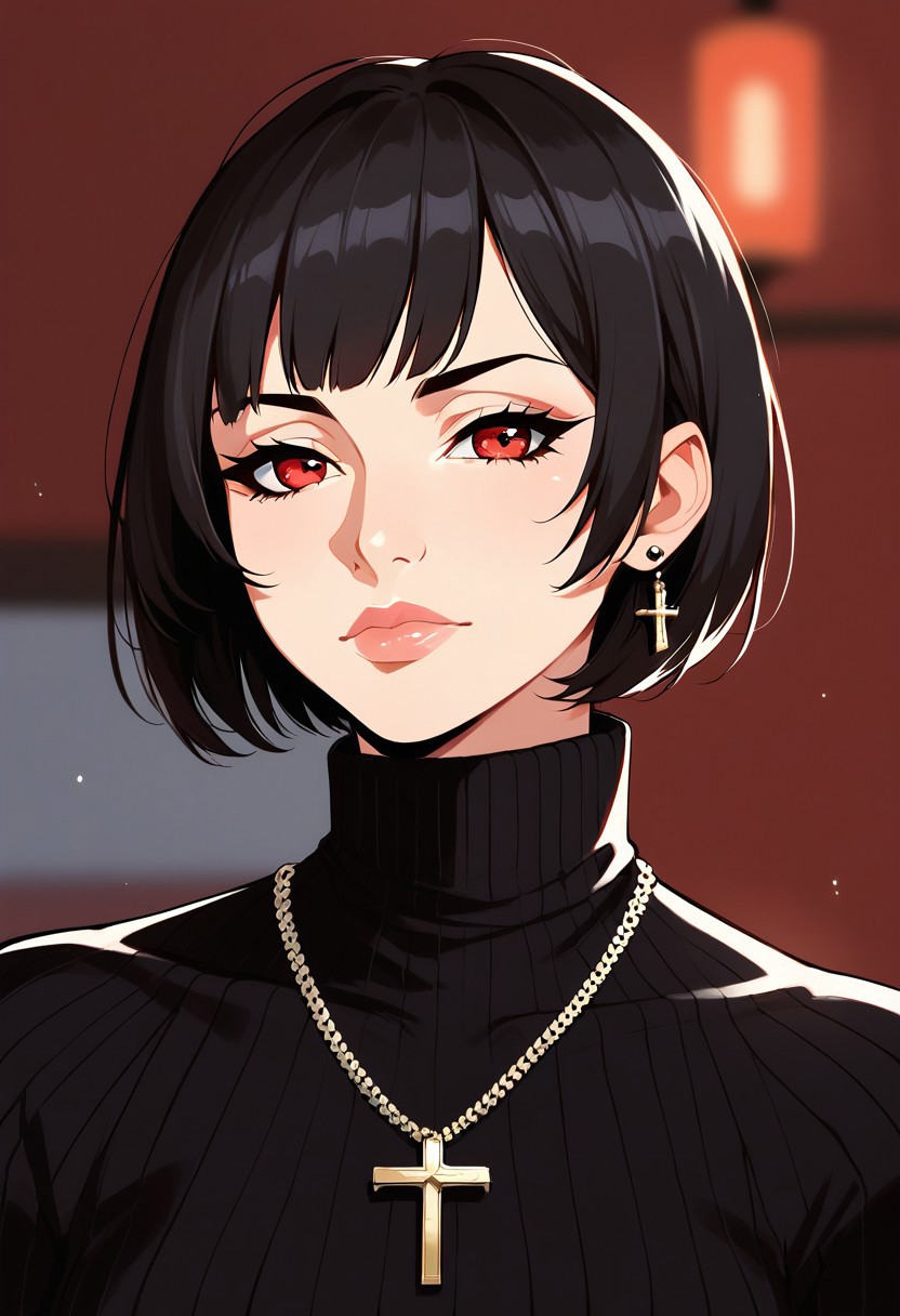 score_9,score_8_up,score_7_up,score_6_up,blurry, blurry background,1girl, solo, short hair, black hair, jewelry, looking at viewer, necklace, cross, portrait, bangs, red eyes, closed mouth, turtleneck, blurry background, cross necklace, lips, piercing, blurry, bob cut, eyelashes