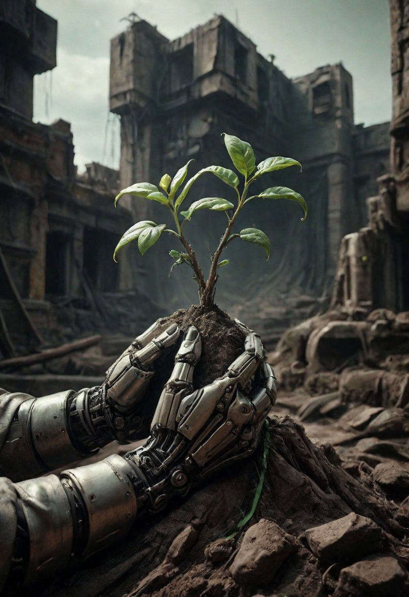 Capture the essence of a dystopian future in a close-up photograph featuring two cyborg or robotic hands cradling a mound of fresh earth with a vibrant green sprout, set against a backdrop of dark ruins. Explore the juxtaposition of technological beings nurturing the symbol of life in the midst of desolation.
very detailed, atmospheric haze, Film grain, cinematic film still, shallow depth of field, highly detailed, high budget, cinemascope, moody, epic, OverallDetail, gorgeous, 2000s vintage RAW photo, photorealistic, candid camera, color graded cinematic, eye catchlights, atmospheric lighting, skin pores, imperfections, natural, shallow dof