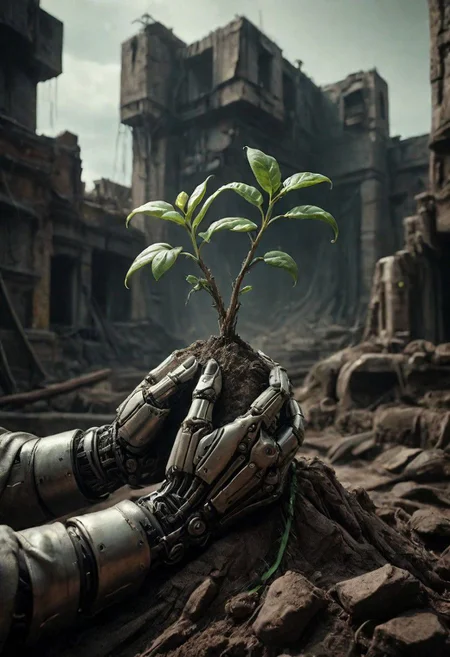 Capture the essence of a dystopian future in a close-up photograph featuring two cyborg or robotic hands cradling a mound of fresh earth with a vibrant green sprout, set against a backdrop of dark ruins. Explore the juxtaposition of technological beings nurturing the symbol of life in the midst of desolation.
very detailed, atmospheric haze, Film grain, cinematic film still, shallow depth of field, highly detailed, high budget, cinemascope, moody, epic, OverallDetail, gorgeous, 2000s vintage RAW photo, photorealistic, candid camera, color graded cinematic, eye catchlights, atmospheric lighting, skin pores, imperfections, natural, shallow dof