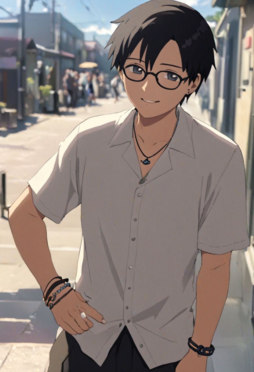 Highres, Masterpiece, High Quality, 4K, 8K, solo, 1Boy, Takaki Toono, adult, black hair, short hair, sunny, cloudy, posing, candid, sweet smile, photo model, earrings, necklace, bracelet, anklet, ring, fake glasses, easynegative, detailed_eye_model