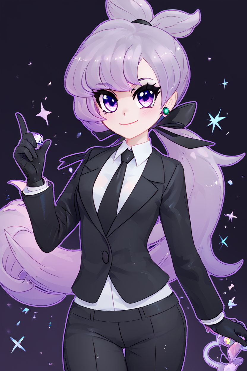 score_9, score_8_up, score_8, medium breasts, (curvy), cute, eyelashes,       BREAK, , ,,, zzAnabel, purple hair, purple eyes, long hair, ponytail, ribbon, hair ribbon, bangs, black ribbon, black suit, formal, black tie, black gloves, <lora:Anabel_Pokemon_PDXL:0.8>,    ,,,, BREAK, smile, closed mouth, looking at viewer, cowboy shot,  ,,, embedding:zPDXL, Expressiveh, ,,, <lora:MantisStyle_PDXL_v2:0.8>, <lora:SDXLFaeTastic2400:0.5>, <lora:Expressive_H-000001:0.4>,