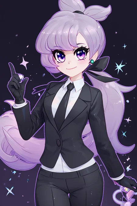 score_9, score_8_up, score_8, medium breasts, (curvy), cute, eyelashes, BREAK, , ,,, zzAnabel, purple hair, purple eyes, long hair, ponytail, ribbon, hair ribbon, bangs, black ribbon, black suit, formal, black tie, black gloves, <lora:Anabel_Pokemon_PDXL:0.8>, ,,,, BREAK, smile, closed mouth, looking at viewer, cowboy shot, ,,, embedding:zPDXL, Expressiveh, ,,, <lora:MantisStyle_PDXL_v2:0.8>, <lora:SDXLFaeTastic2400:0.5>, <lora:Expressive_H-000001:0.4>,