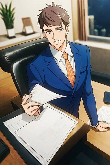 (score_9, score_8_up, score_7_up),(source anime, best quality, best aesthetic, perfect anatomy),1boy,kentaro momose,male_focus,handsome detailed face,black eyes,black jacket,blue jacket,collared shirt,slim body,skinny,orange necktie,solo,modern office,handsome stylish pose,portrait,smile,teeth,<lora:aesthetic_anime_v1s:0.8>,<lora:Kentaro Momose_PDXL:0.85>,