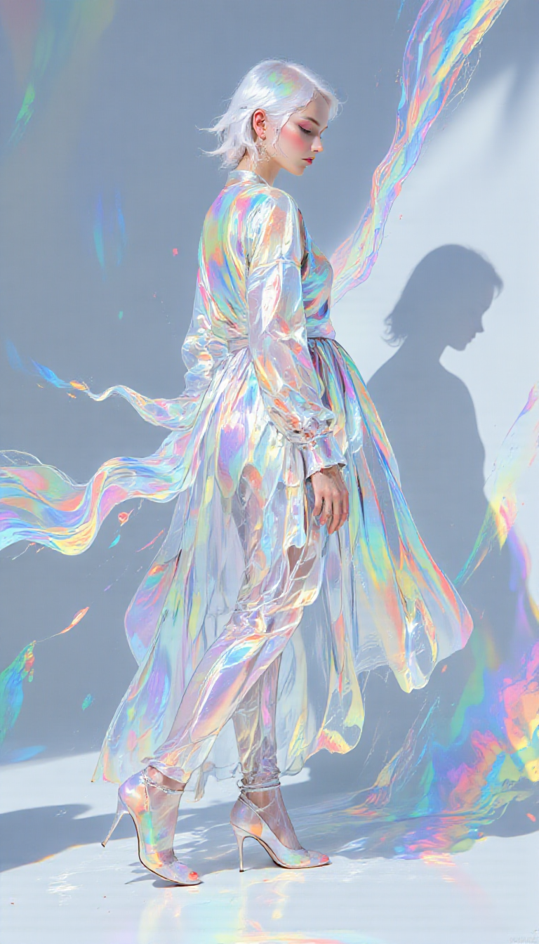 Abstract Fantasy,pscho_4rt,mythp0rt, A photo-realistic shoot from a profile camera angle about a woman in a sheer, iridescent dress with a high-low hem and long sleeves, standing in a dynamic pose with her back to the camera. the woman, who appears to be in her mid-twenties, has short, platinum blonde hair tied up in a single hair bun, and is wearing white high heels. she is facing away from the viewer, with her eyes closed and a serene expression on her face. the background is a gradient of light blue and white, with a soft, ethereal glow emanating from the right side of the image. the lighting creates a dreamy atmosphere with a rainbow effect, and the woman's dress is transparent, with long sleeves and a high low hem. the image has a high resolution and a watermark in the bottom right corner.  1girl, solo, long hair, dress, closed mouth, standing, white hair, full body, ponytail, multicolored, high heels, blurry, puffy sleeves, white dress, blurry background, high-waist dress, shadow  camera_angle: profile, art_style: photo realistic, location: NA, background: a gradient background with soft lighting and a shadow, text: NA;NA, shoes: white heels, clothing: transparent dress with ruffled hem, accessory: NA: NA/NA, hair_color: platinum blonde, distance_to_camera: full body;full body, action: standing, facing_direction: facing away;facing away, facial_expression: serene;NA