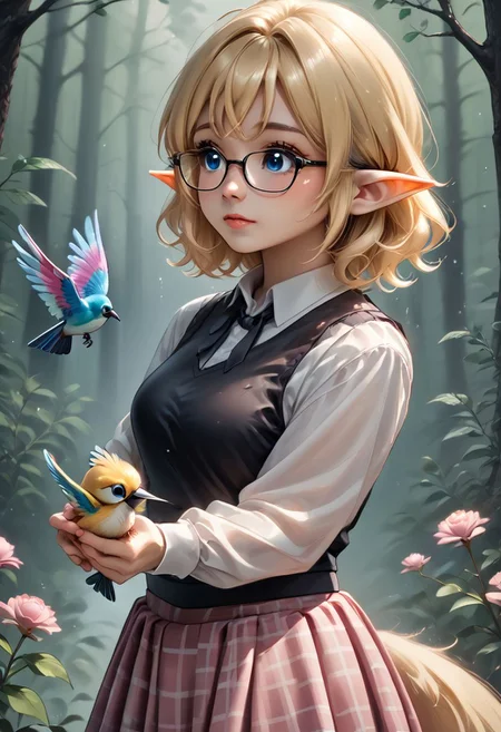 anime art. girl with blonde medium hair, cute blue eyes, pointy ears, glasses, small boobs, pink plaid skirt, fluffy tail, colorfull rain forest, holding hummingbird