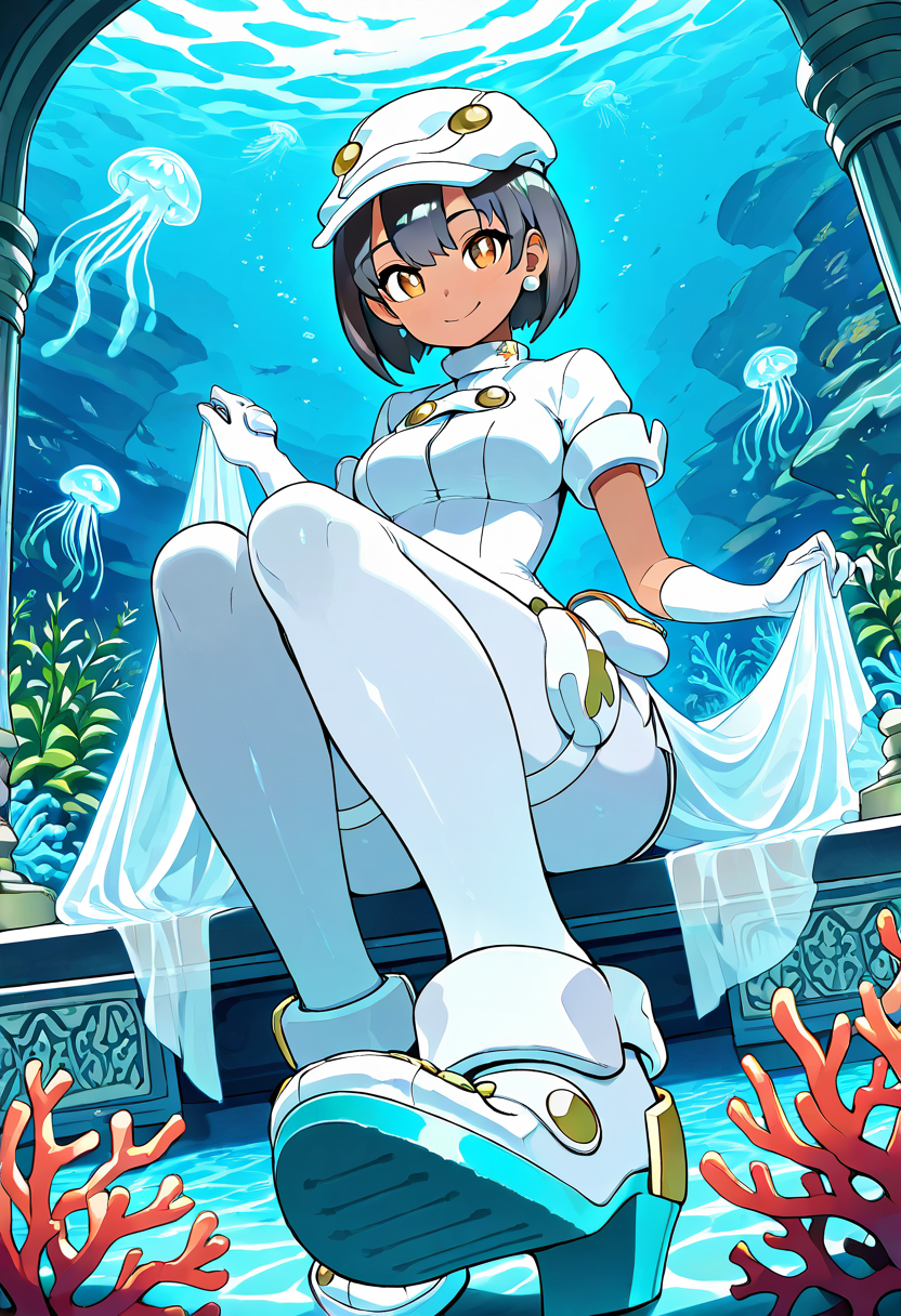 masterpiece, best quality, solo, curvy, beautiful eyes, narrow waist, wide hips, 1girl, solo, smile, looking at viewer, dynamic angle, foreshortening, close up,    zzAether, aether foundation employee, brown eyes, short hair, black hair, brown hair, dark skin,   <lora:AetherPokemonIXL:0.8>, [Aquatic Royalty Fantasy], flowing gown made of shimmering fish-scale fabric, coral crown, pearl earrings, translucent cape resembling jellyfish tendrils, aqua heels; set in an underwater palace throne room with bioluminescent plants and glowing sea creatures, majestic and tranquil,