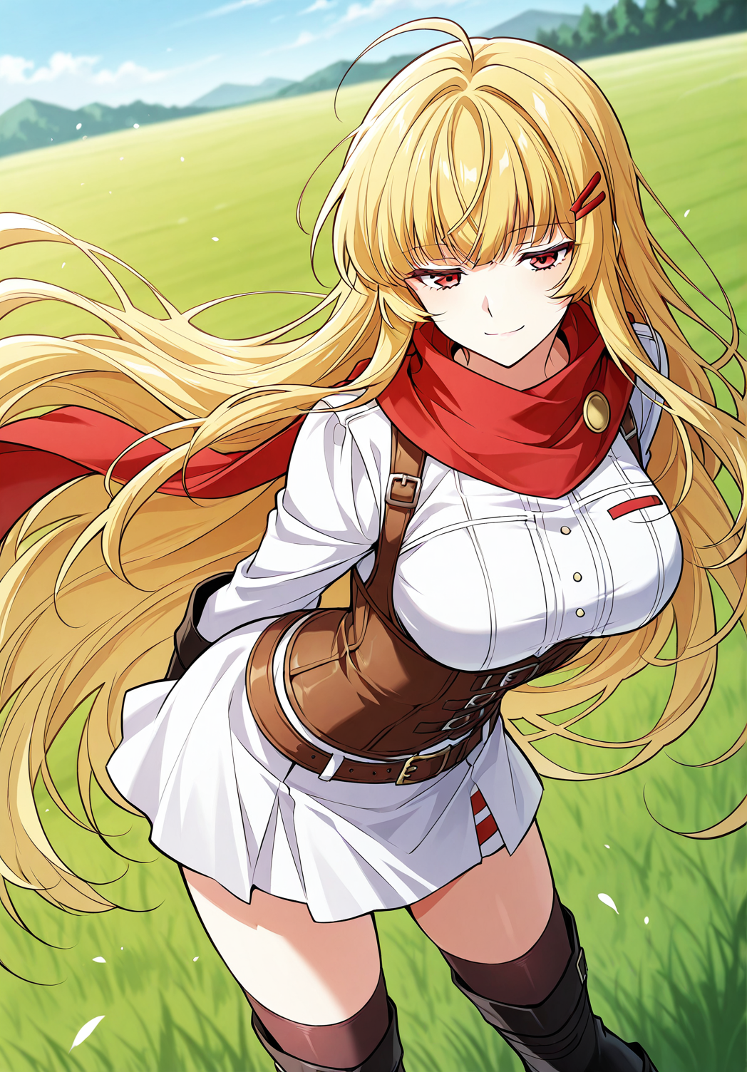 <lora:Cheryl:1>
1 girl, solo, blonde hair, very long hair, bangs, ahoge, red eyes
White skirt, White skirt, red scarf, hair ornament, hairclip, long sleeves, thighhighs, boots, belt, black knee boots, corset
score_9, score_8_up, score_7_up, very aesthetic, source_anime, detailed, high quality, beautiful, masterpiece, detailed eyes, field, blurry background, pose dynamic angle, upper body, cowboy shot, light smile, floating hair, half-closed eyes, hands behind back, leaning forward, looking forward, looking at viewer