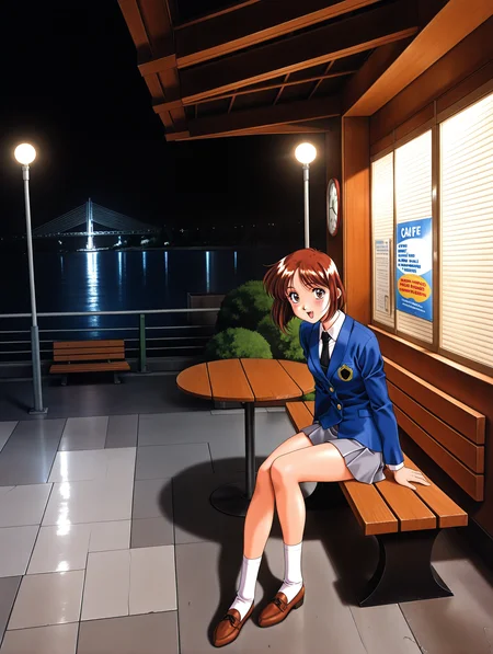 masterpiece,best quality,newest,
1girl,solo,
retro artstyle,<lora:yamamoto_rurika_ilxl_v1.0>,y_ruruka,short hair,brown hair,brown eyes,r_clothes,blue jacket,long_sleeves,grey mini skirt,
<lora:Fixhands_anime_bdsqlsz_V1:1>,<lora:commercial_facility_ilxl_1.0:1>,c_f00,night,night sky,sky,bridge,ocean,chair,table,bench,english text,building,cafe,ceiling light,city lights,crosswalk,dark,lamp,lamppost,cityscape,plant,clock,poster \(object\),shop,stairs,street,window,tree,bush,wooden floor,potted plant,light_blush,:d,sitting_on_bench,landscape,full body,wide_shot,