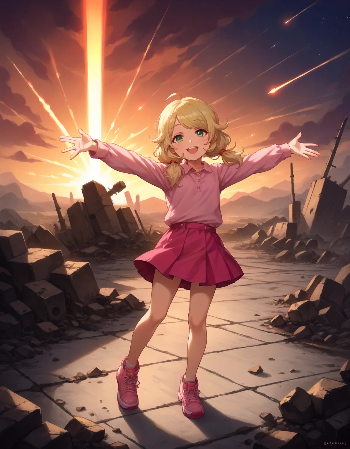 score_9,score_8_up,score_7_up,1girl,solo,full body,looking at viewer,smile,open mouth,outstretched arms,front view,standing,disaster,apocalypse,meteor,inferno,backlighting,
<lora:yusakozue_ponyXLV6:0.8>,cgykz,blonde hair,low twintails,green eyes,
pink shirt,long sleeves,skirt,pink shoes