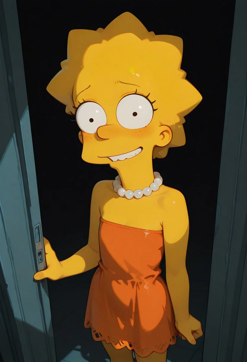 masterpiece, newest, absurdres, incredibly absurdres, best quality, amazing quality, very aesthetic, newest, , 1girl, solo, lisa_simpsons, detailed, dramatic light, high detail, sharp shading, centered composition, soft shadows, (dark room), decorative, warm light, volumetric lighting, raytracing, shadows, perspective, depth of, usnr, standing, sexy pose, happy face, sexy, orange tube dress with zigzag hem shirt, showing the groin, pleasure face, bare shoulder, strapless dress, sleeveless, pearl necklage,