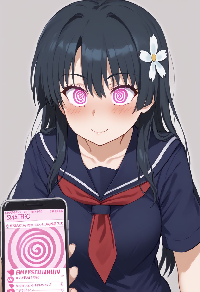 Saten hypnotized by a phone,
score_9, source anime, lewd, 1girl,
mind control, hypnotized, lovestruck expression, hypnosis app, phone,
stripping, pulling down clothes,
saten ruiko, hair flower, serafuku, red neckerchief