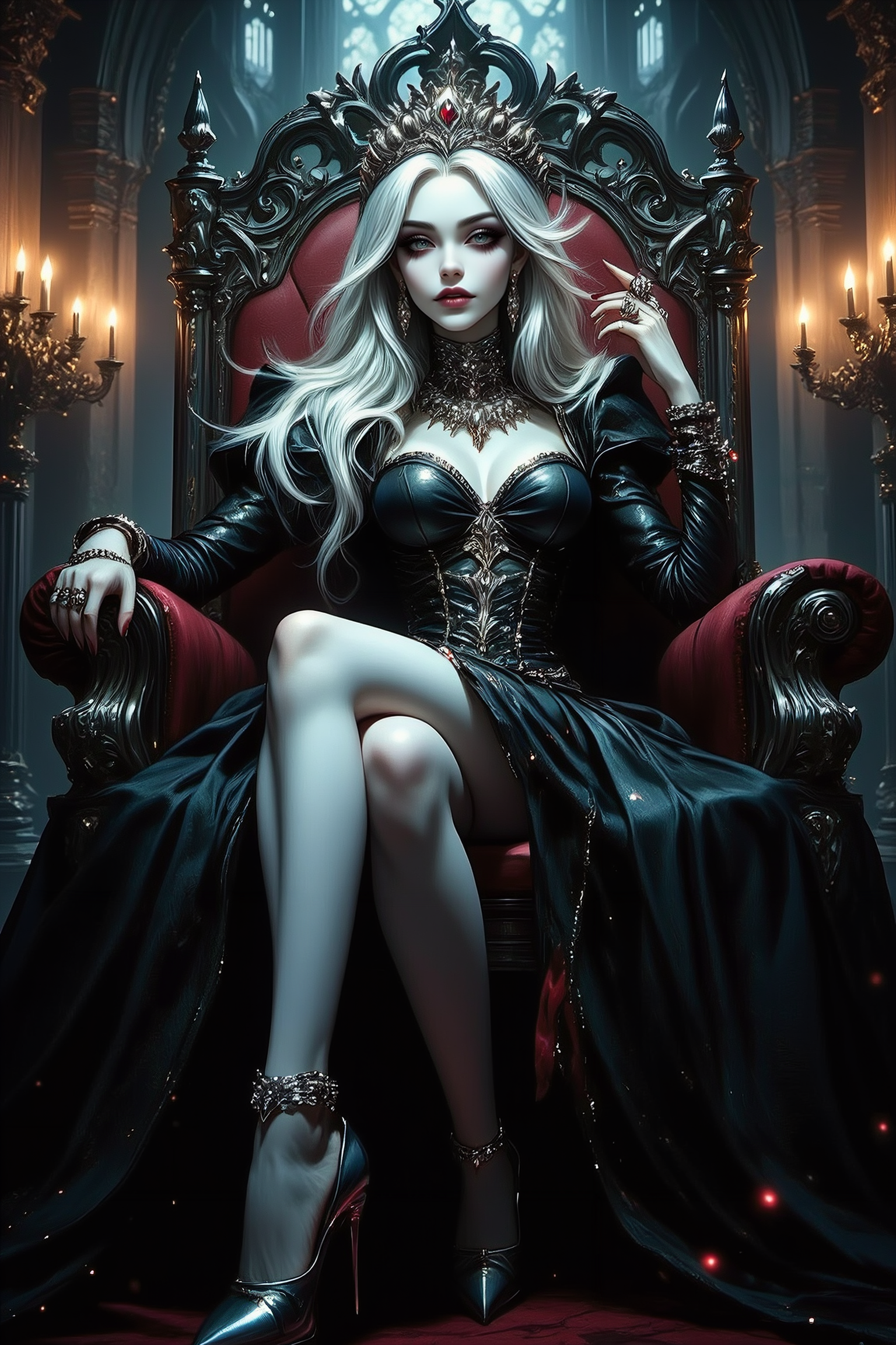 A regal vampire queen sits majestically on her ornate throne within a grand, gothic palace. Her long, silver hair cascades down her shoulders, glinting in the dim light, while her cold, piercing gaze reflects her authority and power. She has her legs elegantly crossed, adorned with luxurious accessoriesâan intricate necklace, dazzling earrings, bracelets, and several rings, each reflecting her royal status. Her lips are parted, revealing sharp, gleaming fangs. The viewerâs perspective is from the ground, looking upwards at her, emphasizing her imposing and commanding presence. The throne room is shrouded in shadows with flickering candlelight, creating an atmosphere of dark majesty. The scene is rendered in high contrast, with vibrant colors and ultra-detailed textures, capturing every nuance of the queen's high-class attire and the rich details of the gothic architecture surrounding her. The entire composition exudes an air of supernatural elegance and menace, with surreal lighting and a hyper-realistic style.
<lora:Midjourney_-_SemiReal_Dreams_FLUX_LoRA:0.85>
<lora:Dever_Flux_Enhancer:0.5>
<lora:DnDDarkestFantasy:0.6> ArsMJStyle, dnddarkestfantasy