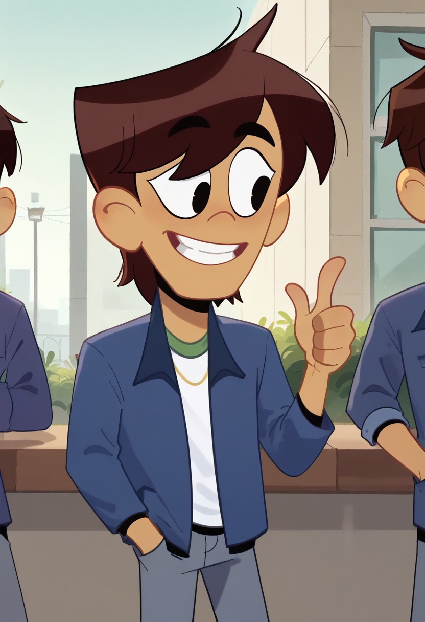 Depth of field.score_9_up, score_8_up, score_7_up,  Ollie Chen, brown hair,dark-skinned male,black eye, short hair,blue jacket, white shirt, pants, 1male, hand in pocket, solo, smile, thumbs up