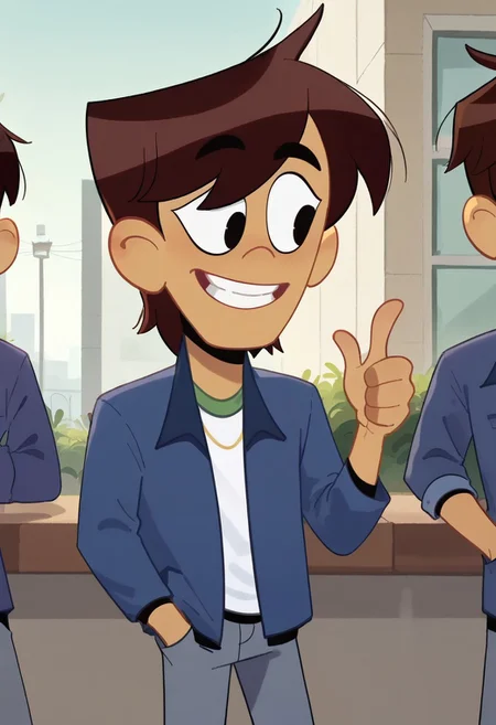 Depth of field.score_9_up, score_8_up, score_7_up,  Ollie Chen, brown hair,dark-skinned male,black eye, short hair,blue jacket, white shirt, pants, 1male, hand in pocket, solo, smile, thumbs up