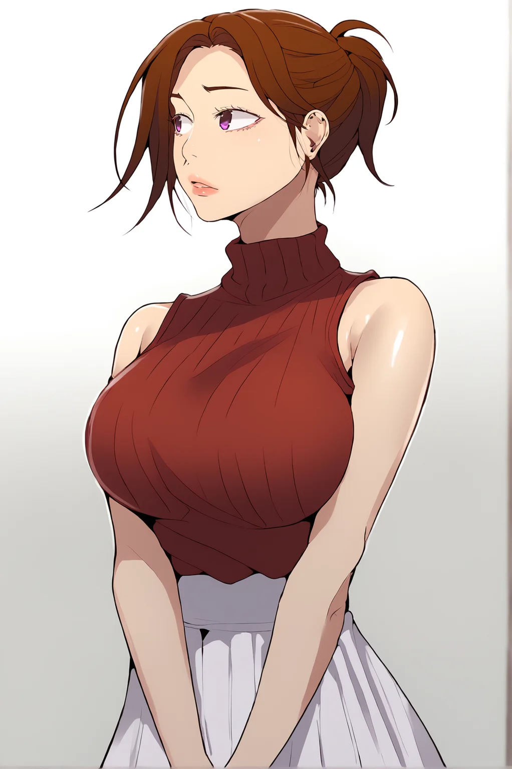 <lora:XL_AuntJune_SC:1> auntjunedef, purple eyes, brown hair, medium hair,
simple background, white background, looking to the side, red sweater, bare shoulders, sleeveless, large breasts, white skirt, 1girl, solo, ribbed sweater, v arms, short ponytail, score_9,score_8_up,score_7_up, detailed face, source_anime